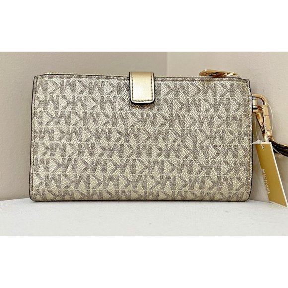 New Michael Kors Jet Set Travel Double Zip Wallet PVC Pale Gold - Picture 2 of 6